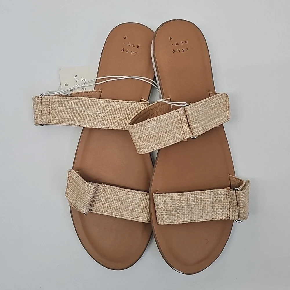 A New Day Tan Weave Slide Sandals w 2 Thick Velcro Straps Tread Bottoms‎ Sz:11